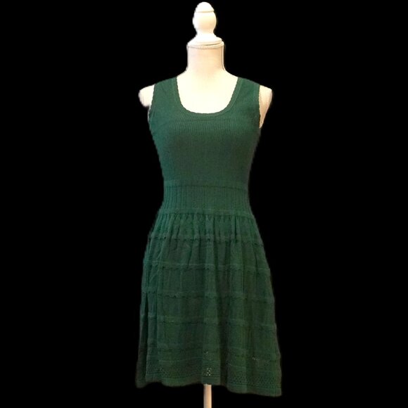 Wenrine Sleeveless Crochet Knitted Forest Green A Line Skirt Slim Mini Dress Sma - Picture 1 of 5